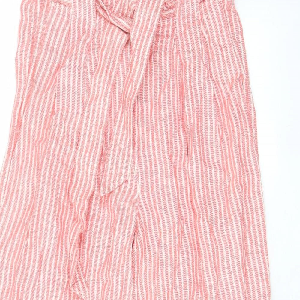 Marks and Spencer Womens Red Striped Linen Trousers Size 8 L22 in Regular Hook & Eye - Pockets, Belt Loops, Belted, Pleated