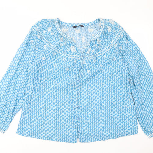 Marks and Spencer Womens Blue Geometric Cotton Basic Button-Up Size 8 V-Neck - Embroided