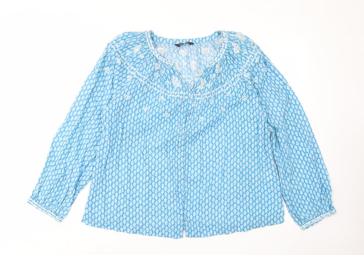 Marks and Spencer Womens Blue Geometric Cotton Basic Button-Up Size 8 V-Neck - Embroided