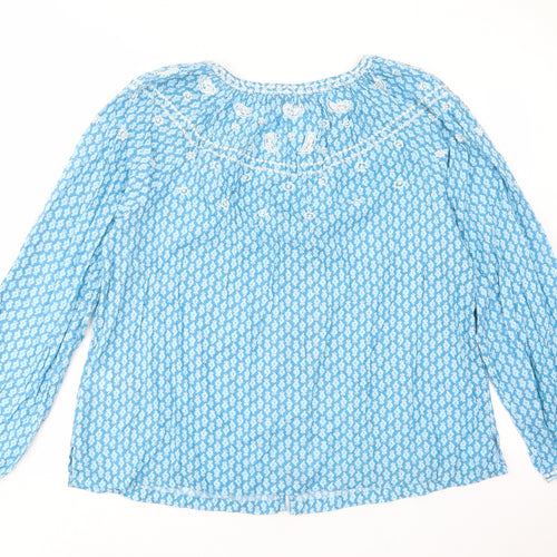 Marks and Spencer Womens Blue Geometric Cotton Basic Button-Up Size 8 V-Neck - Embroided