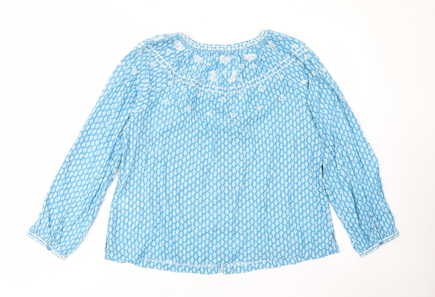 Marks and Spencer Womens Blue Geometric Cotton Basic Button-Up Size 8 V-Neck - Embroided