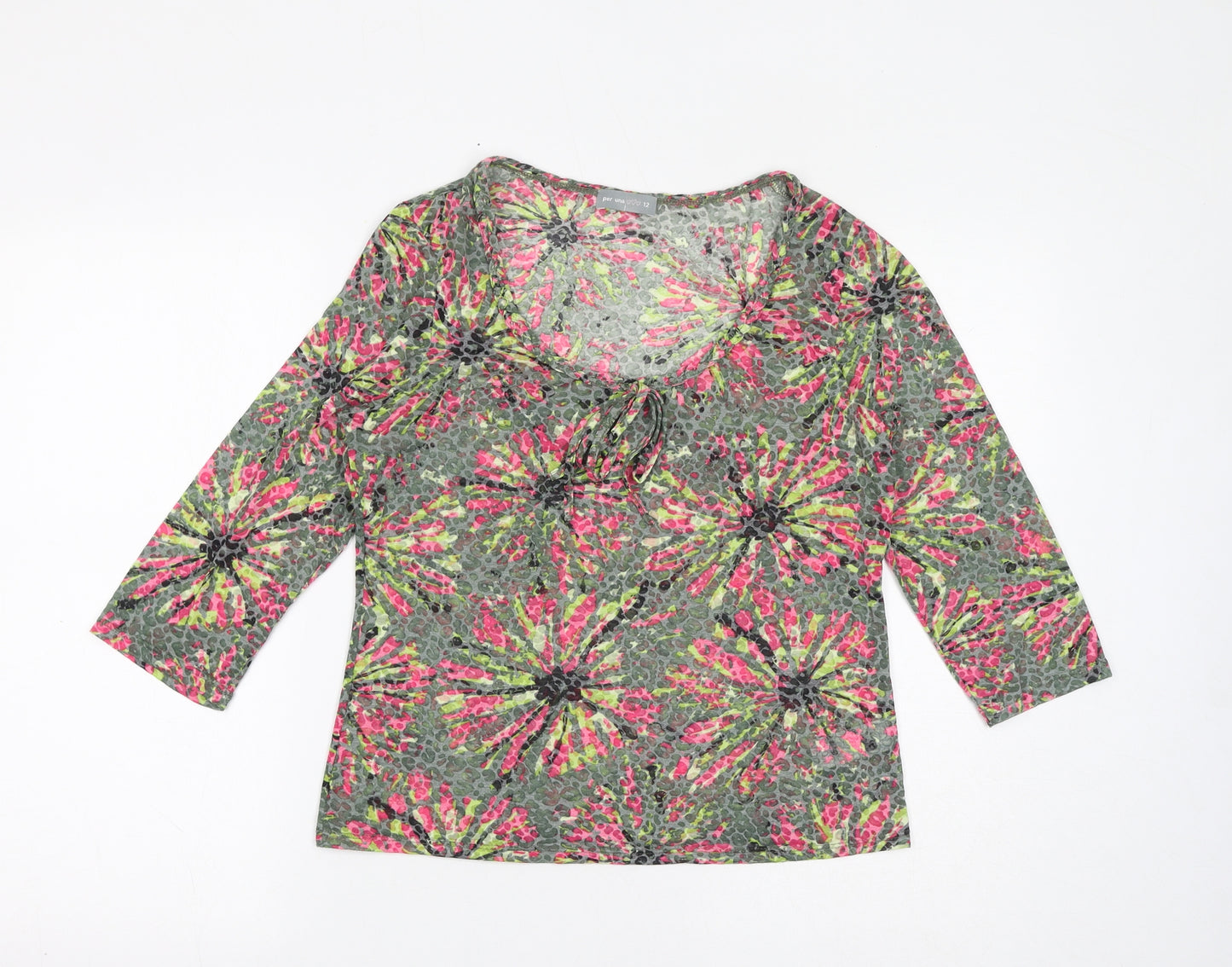 Per Una Womens Green Floral Polyester Basic T-Shirt Size 12 V-Neck