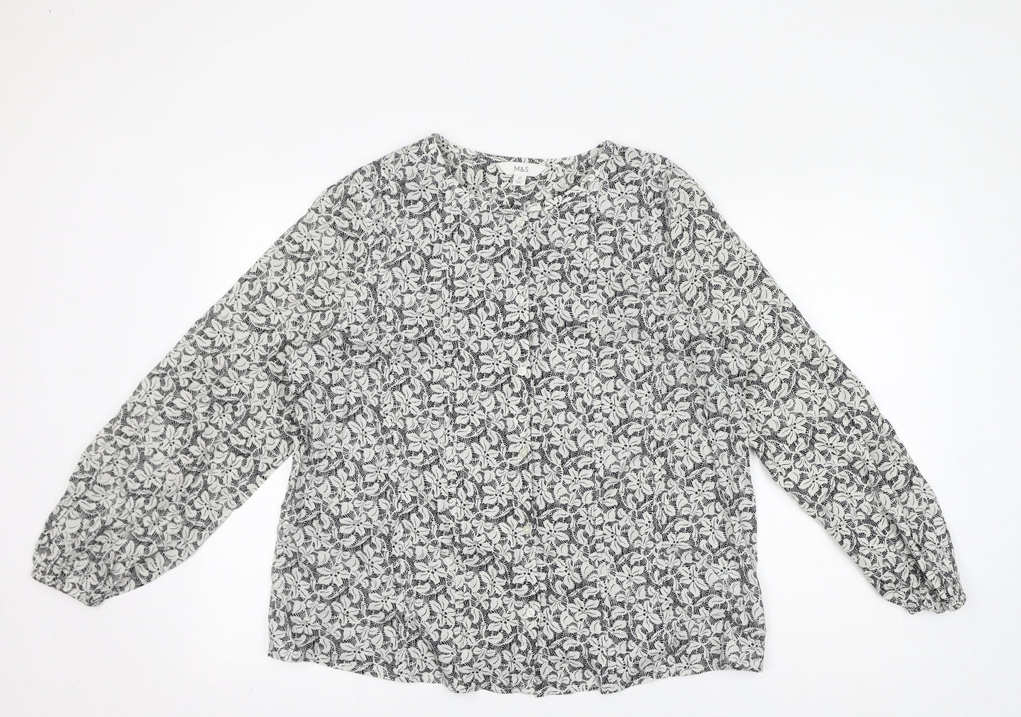 Marks and Spencer Womens White Floral Cotton Basic Button-Up Size 14 Round Neck