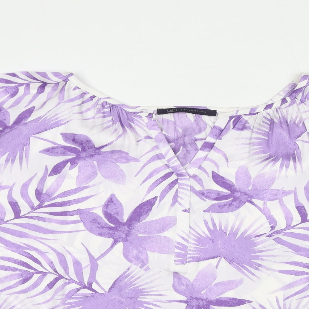Marks and Spencer Womens Purple Floral Polyester Basic Blouse Size 16 V-Neck