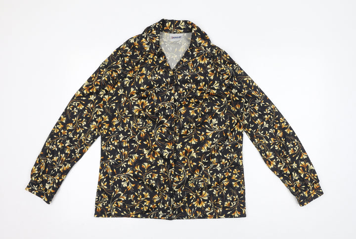 Damart Womens Black Floral Polyester Basic Button-Up Size 14 Collared