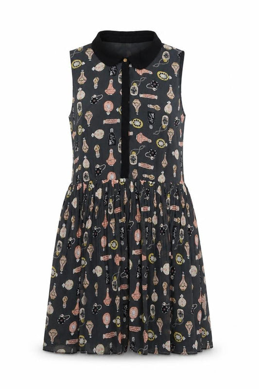 Front view of Oasis women’s grey geometric polyester a-line, size UK 12, collared button - perfume bottles