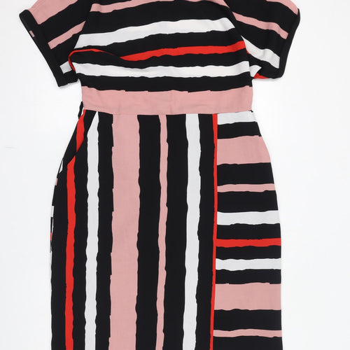 Debenhams Womens Multicoloured Striped Polyester Pencil Dress Size 14 Round Neck Zip - Pockets