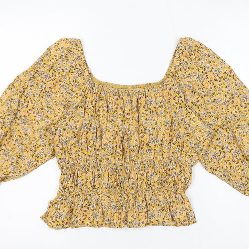Nobody's Child Womens Yellow Floral Viscose Cropped Blouse Size 12 Square Neck - Shirred Details