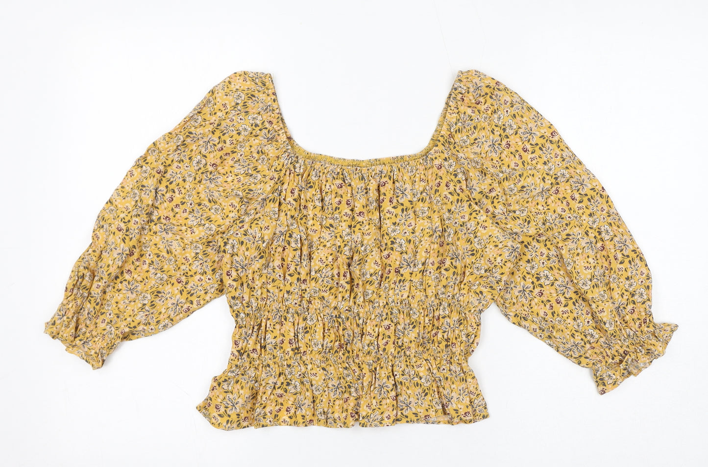 Nobody's Child Womens Yellow Floral Viscose Cropped Blouse Size 12 Square Neck - Shirred Details