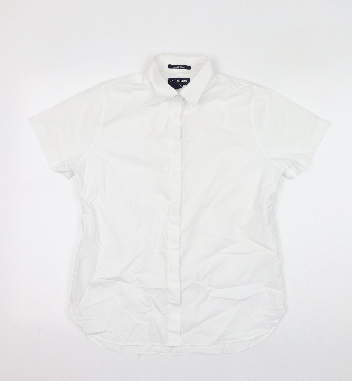 Lands' End Womens White Polyester Basic Button-Up Size 10 Collared
