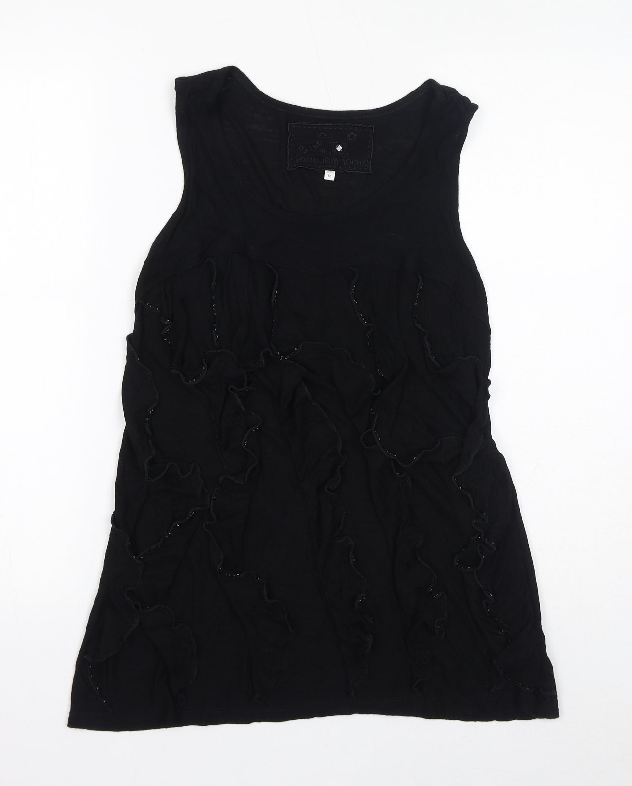 John Rocha Womens Black Viscose Basic Tank Size 12 Scoop Neck - Beads, Ruffles