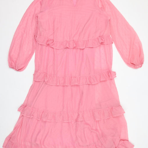 VILA Womens Pink Polyester Maxi Size 10 V-Neck Pullover - Ruffles