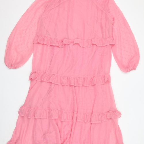 VILA Womens Pink Polyester Maxi Size 10 V-Neck Pullover - Ruffles