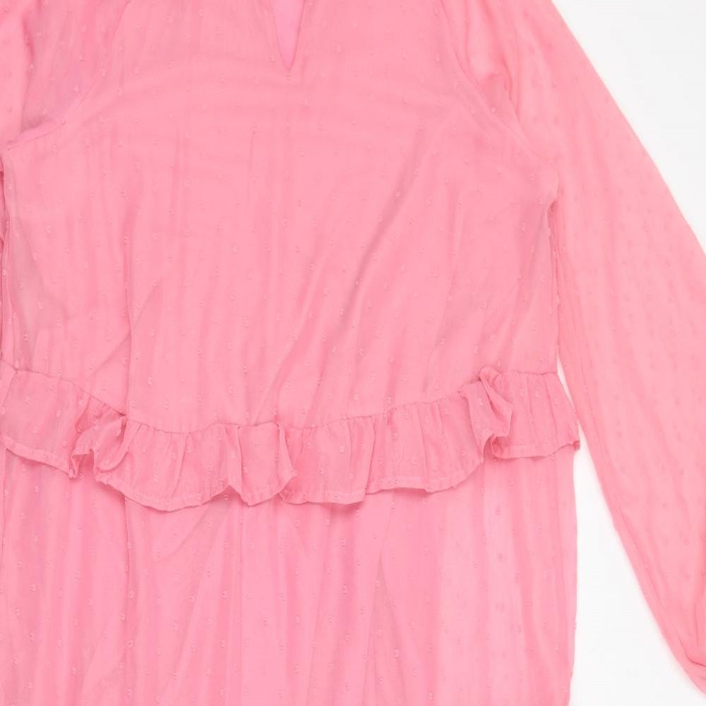 VILA Womens Pink Polyester Maxi Size 10 V-Neck Pullover - Ruffles