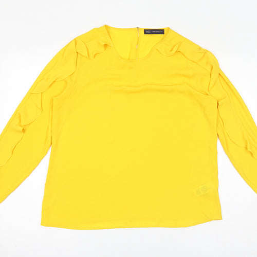 Marks and Spencer Womens Yellow Polyester Basic Blouse Size 12 Round Neck - Ruffles, Sheer