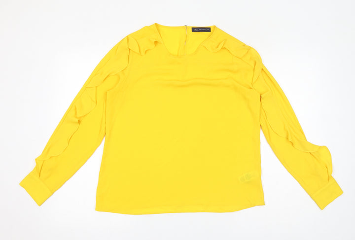 Marks and Spencer Womens Yellow Polyester Basic Blouse Size 12 Round Neck - Ruffles, Sheer