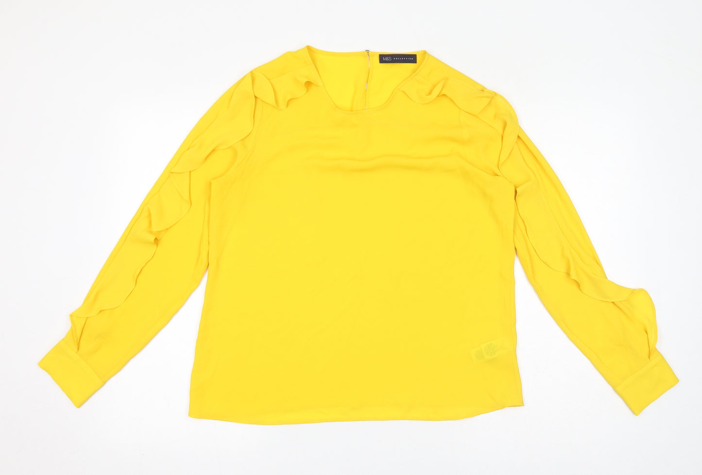 Marks and Spencer Womens Yellow Polyester Basic Blouse Size 12 Round Neck - Ruffles, Sheer