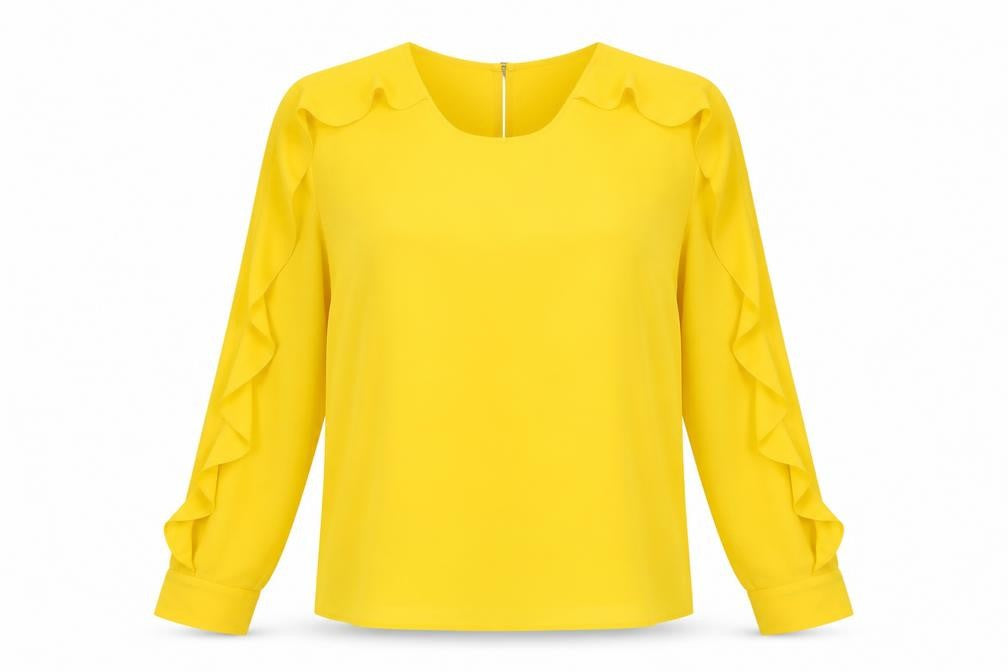 Front view of Marks & Spencer women’s yellow polyester basic blouse, size UK 12, round neck - ruffles, sheer