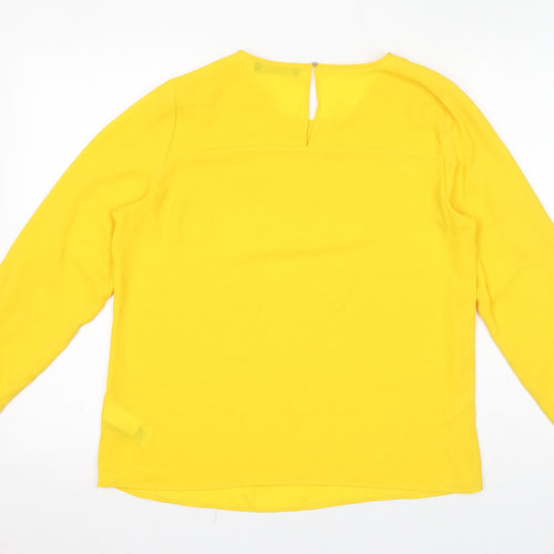 Marks and Spencer Womens Yellow Polyester Basic Blouse Size 12 Round Neck - Ruffles, Sheer