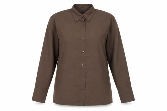 Front view of Destello women’s brown polyester basic button-up one size collared