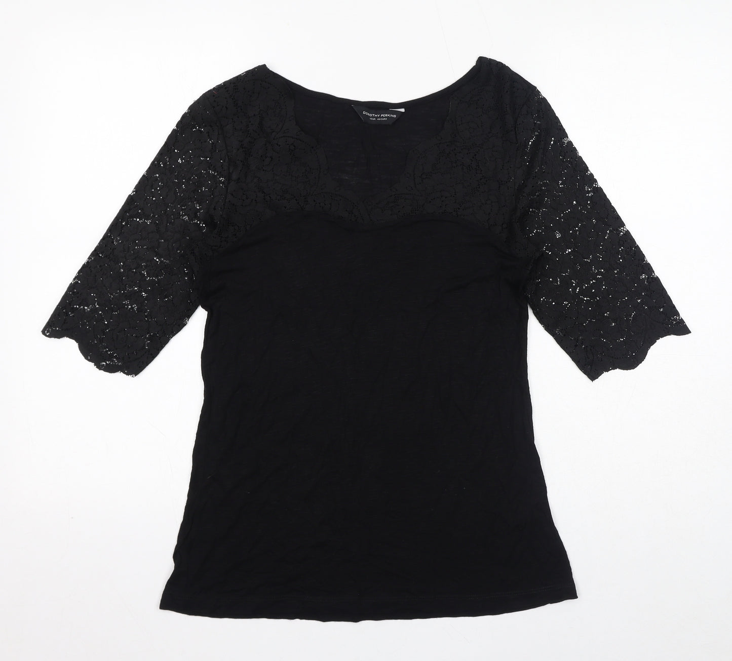 Dorothy Perkins Womens Black Viscose Basic Blouse Size 12 V-Neck - Lace Sleeves