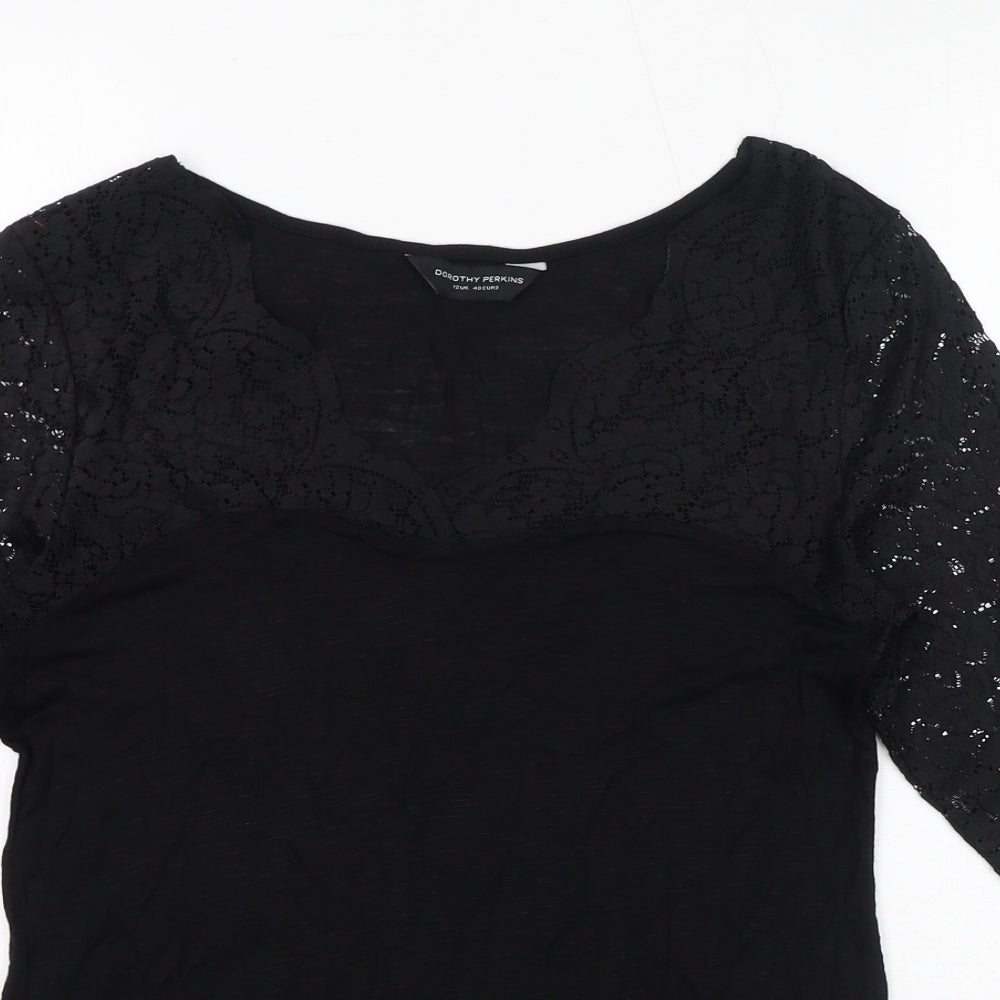 Dorothy Perkins Womens Black Viscose Basic Blouse Size 12 V-Neck - Lace Sleeves