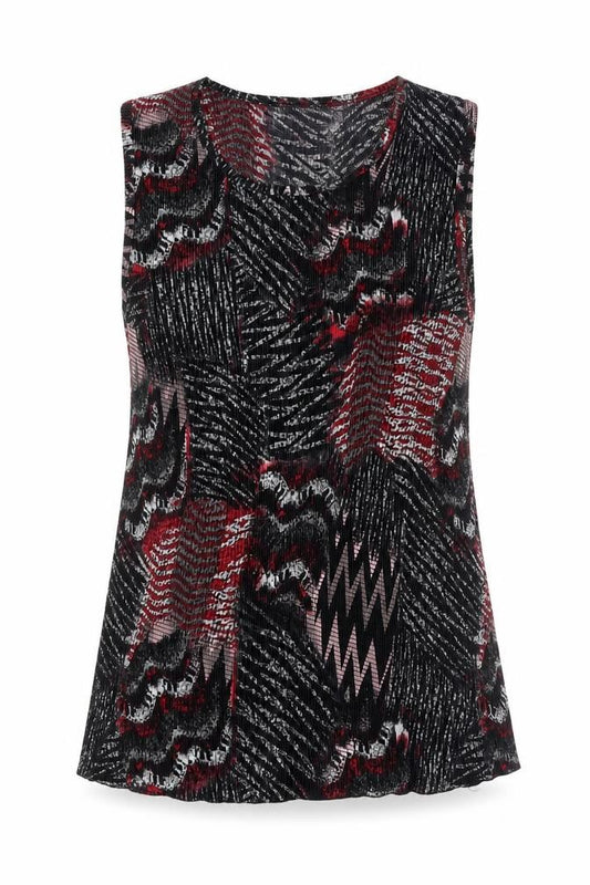 Front view of Tradition women’s red geometric polyester basic tank, size UK 6, round neck -, size UK 6-8