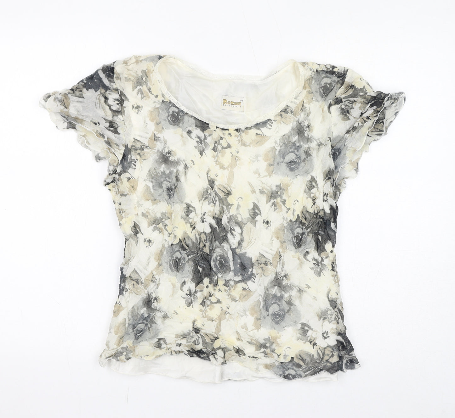 Roman Womens Grey Floral Viscose Basic Blouse Size 14 Round Neck - Lace