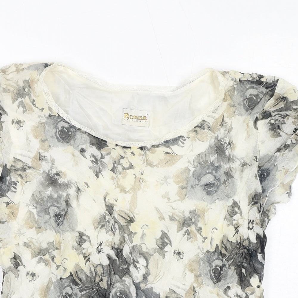 Roman Womens Grey Floral Viscose Basic Blouse Size 14 Round Neck - Lace
