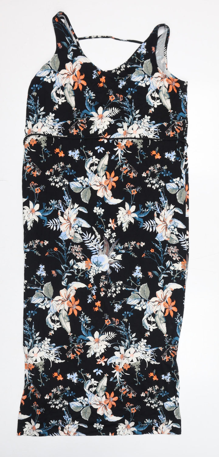 Marks and Spencer Womens Black Floral Viscose Bodycon Size 12 V-Neck Pullover