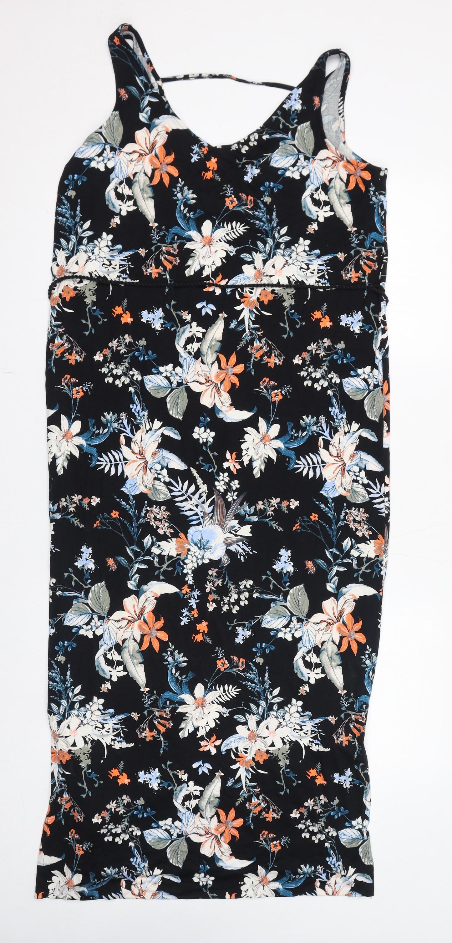 Marks and Spencer Womens Black Floral Viscose Bodycon Size 12 V-Neck Pullover