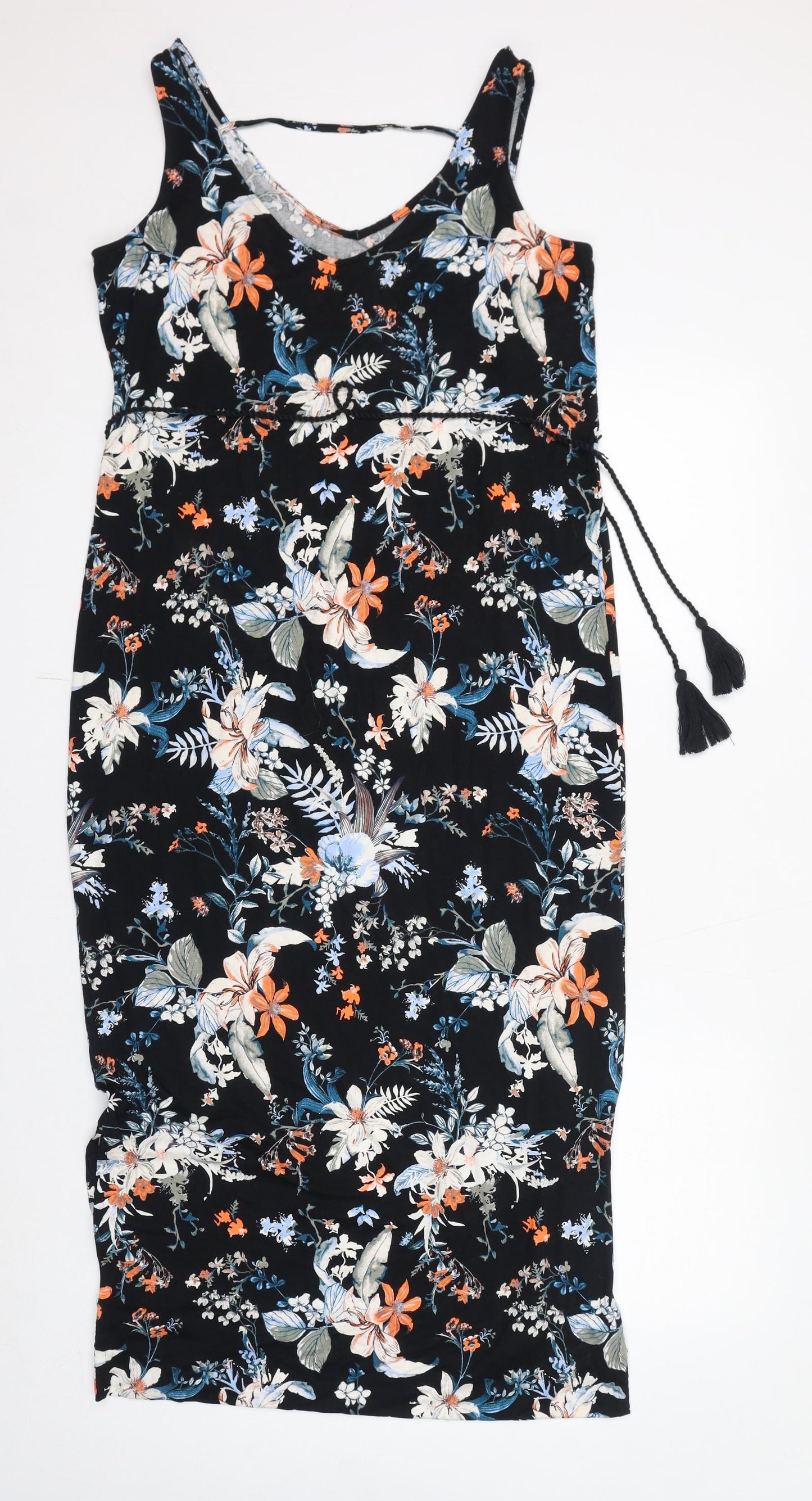 Marks and Spencer Womens Black Floral Viscose Bodycon Size 12 V-Neck Pullover