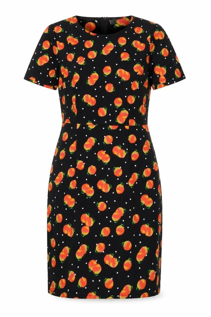 Front view of Sugarhill women’s black polka dot polyester mini, size UK 10, round neck zip - fruit