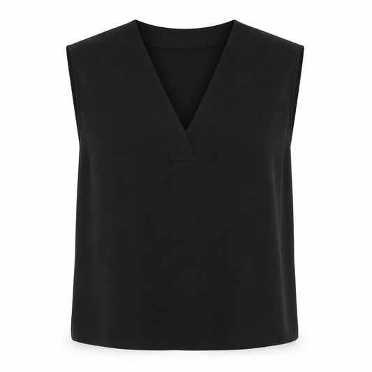 Front view of H&M women’s black polyester basic blouse, size UK 12, v-neck