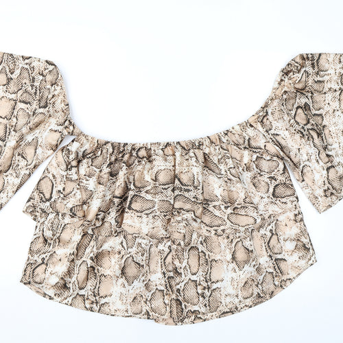 Boohoo Womens Brown Animal Print Polyester Basic Blouse Size 16 Off the Shoulder - Ruffles