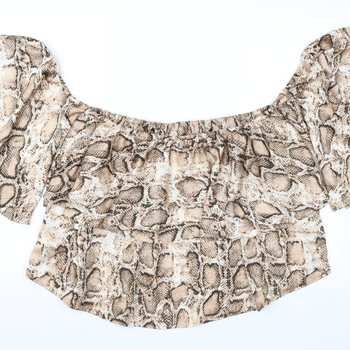 Boohoo Womens Brown Animal Print Polyester Basic Blouse Size 16 Off the Shoulder - Ruffles