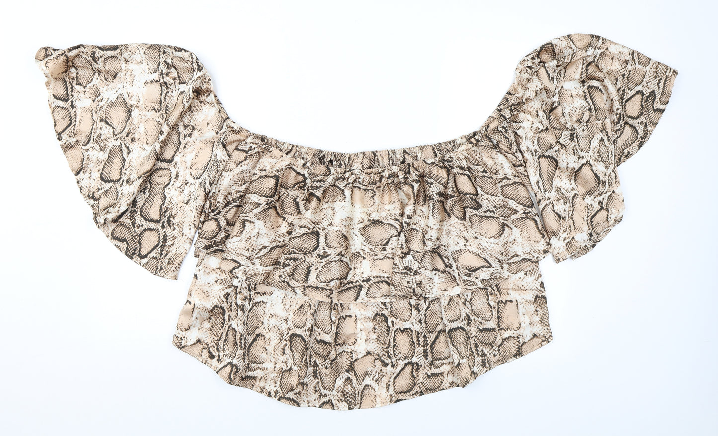 Boohoo Womens Brown Animal Print Polyester Basic Blouse Size 16 Off the Shoulder - Ruffles