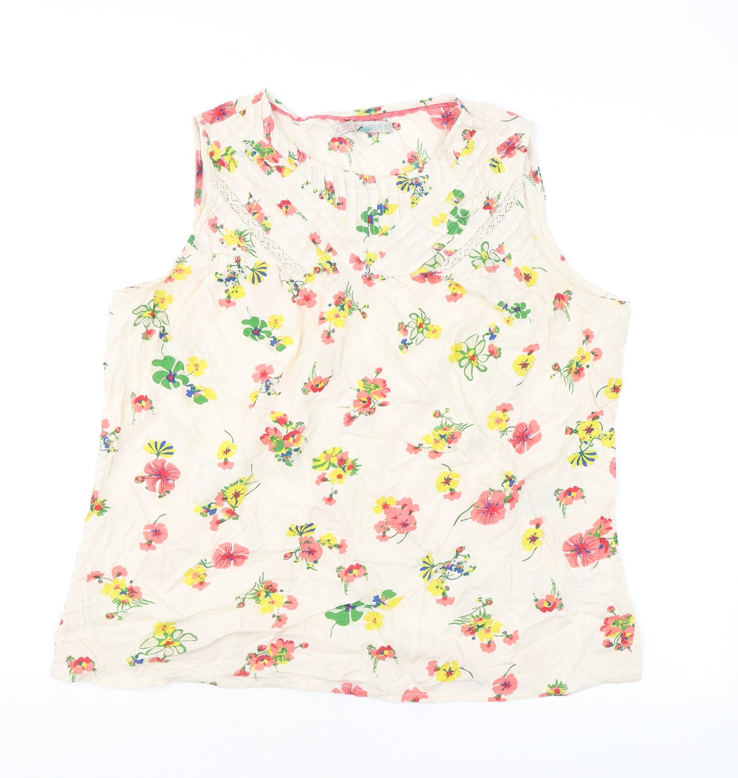 He Loves Me He Loves Me Not Womens Beige Floral Viscose Basic Tank Size XL Round Neck