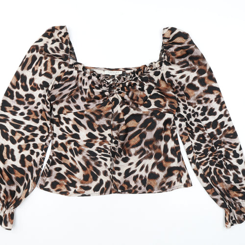 Topshop Womens Brown Animal Print Polyester Cropped Blouse Size 10 Square Neck - Leopard Print