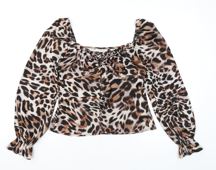 Topshop Womens Brown Animal Print Polyester Cropped Blouse Size 10 Square Neck - Leopard Print