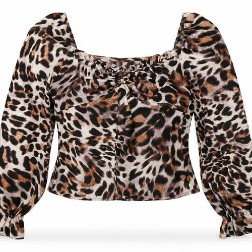Topshop Womens Brown Animal Print Polyester Cropped Blouse Size 10 Square Neck - Leopard Print