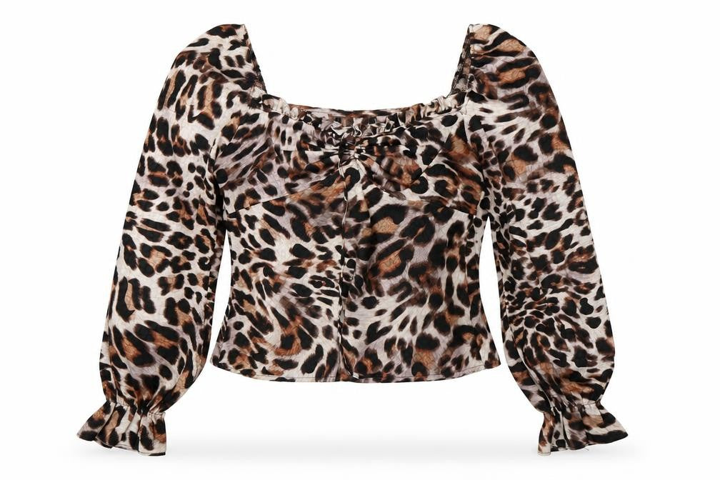 Topshop Womens Brown Animal Print Polyester Cropped Blouse Size 10 Square Neck - Leopard Print