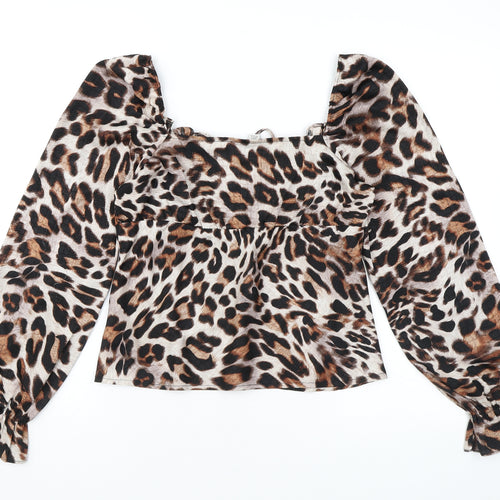 Topshop Womens Brown Animal Print Polyester Cropped Blouse Size 10 Square Neck - Leopard Print