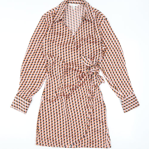 H&M Womens Orange Geometric Polyester Wrap Dress Size XS Collared Tie