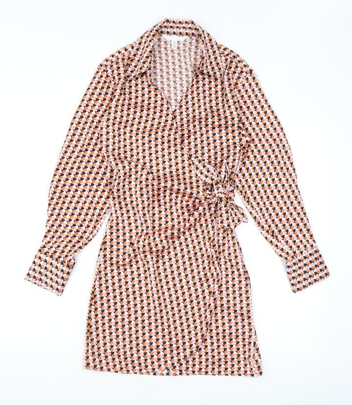 H&M Womens Orange Geometric Polyester Wrap Dress Size XS Collared Tie