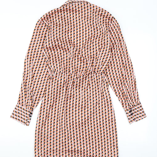 H&M Womens Orange Geometric Polyester Wrap Dress Size XS Collared Tie