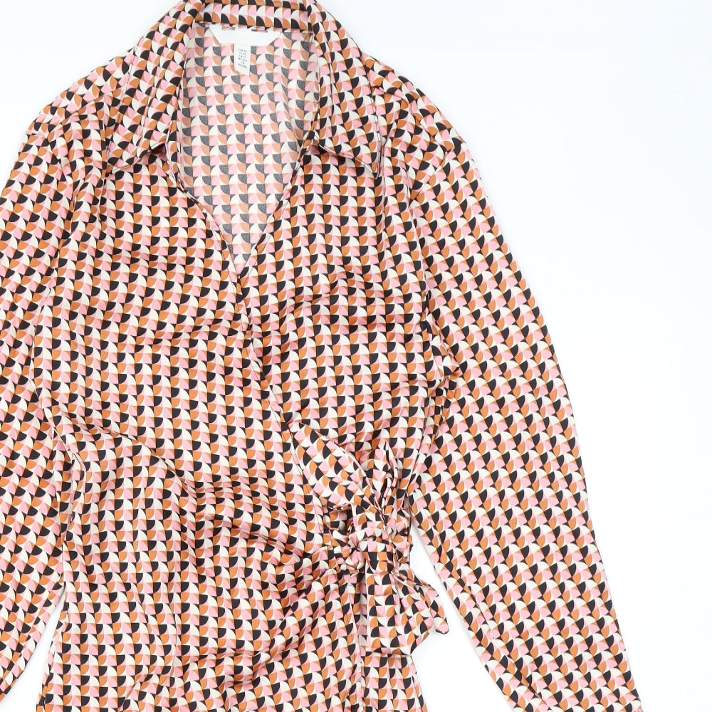 H&M Womens Orange Geometric Polyester Wrap Dress Size XS Collared Tie