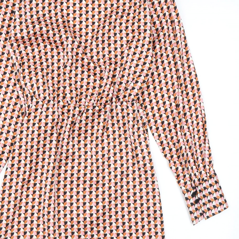 H&M Womens Orange Geometric Polyester Wrap Dress Size XS Collared Tie
