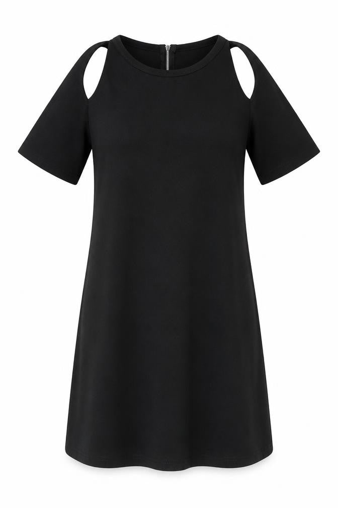 Front view of Boohoo women’s black polyester a-line, size UK 8, round neck zip - cutout