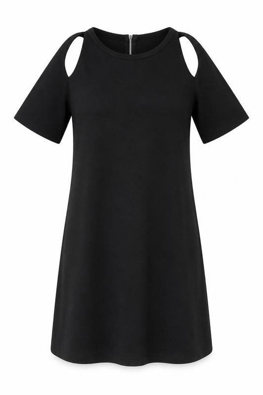 Front view of Boohoo women’s black polyester a-line, size UK 8, round neck zip - cutout